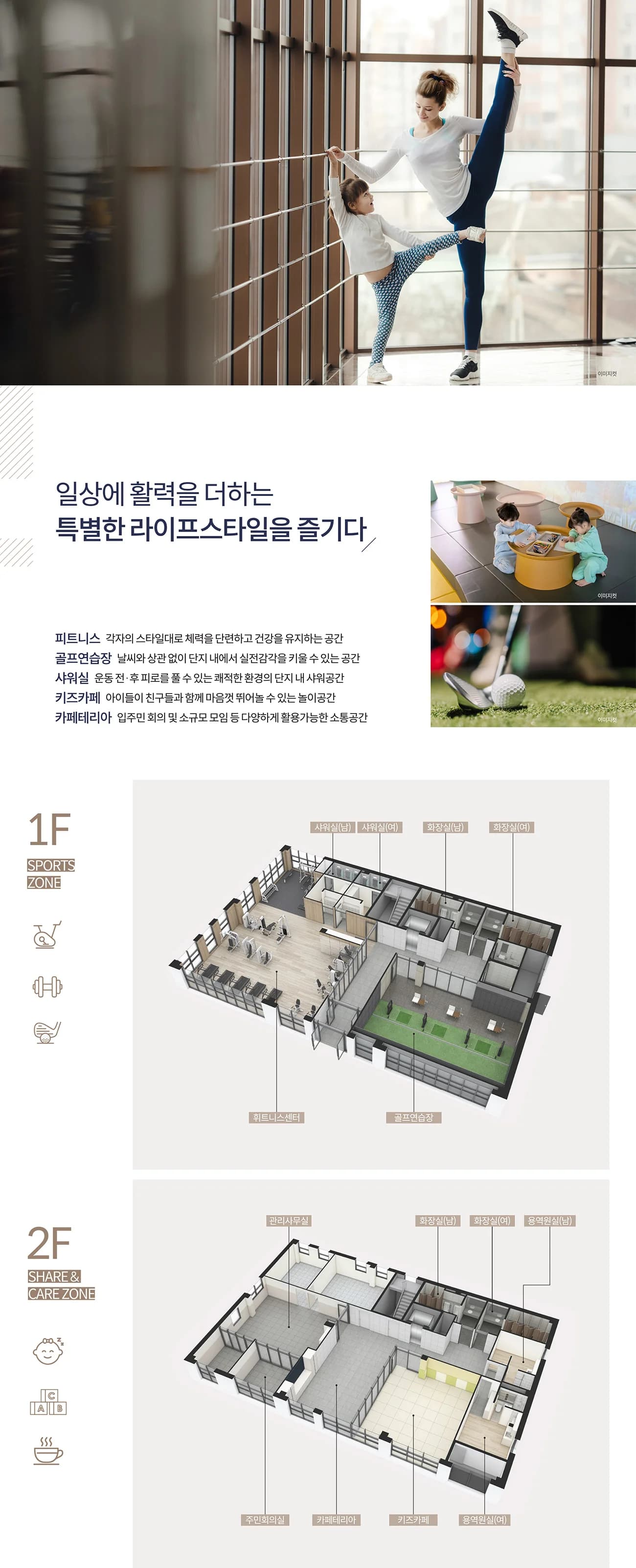 단지 내 커뮤니티 시설 1F·2F 배치도 (피트니스·골프연습장·키즈카페·카페테리아)